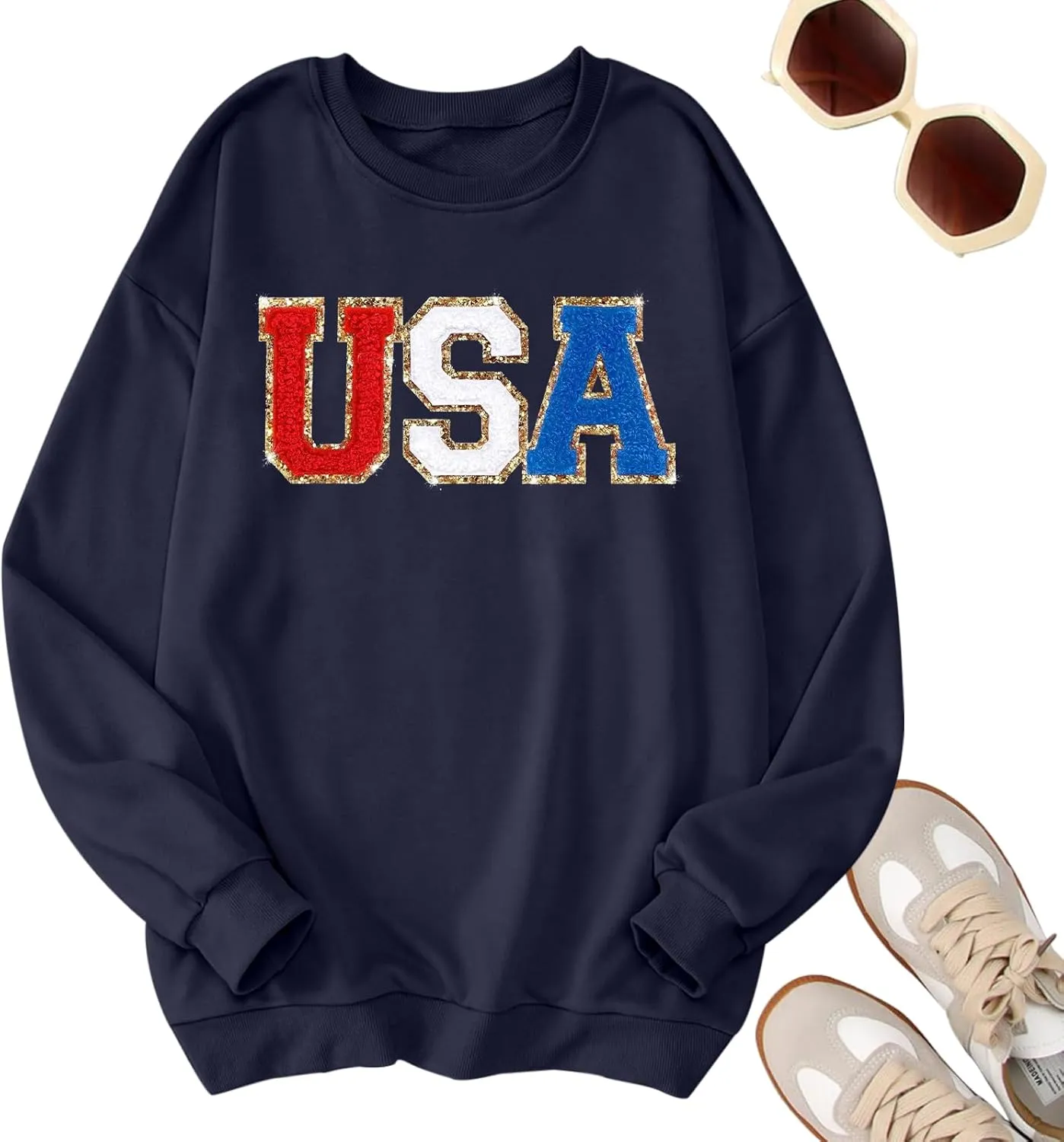 Oversized Usa Sweatshirt Women: Patriotic Tshirt 4th July Shirt Long Sleeve Casual Pullover Tops