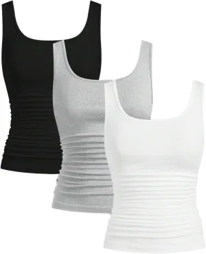 OYOANGLE Women's 3 Pack Scoop Neck Tank Tops Basic Solid Sleeveless Ruched Top Undershirts