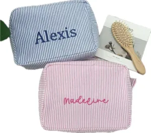 Personalized Seersucker Cosmetic Pouch,Embroidered Makeup Bag,Large Capacity Travel Storage Bag,Monogrammed Toiletry Bag,Gift for Girlfriend (Orange)
