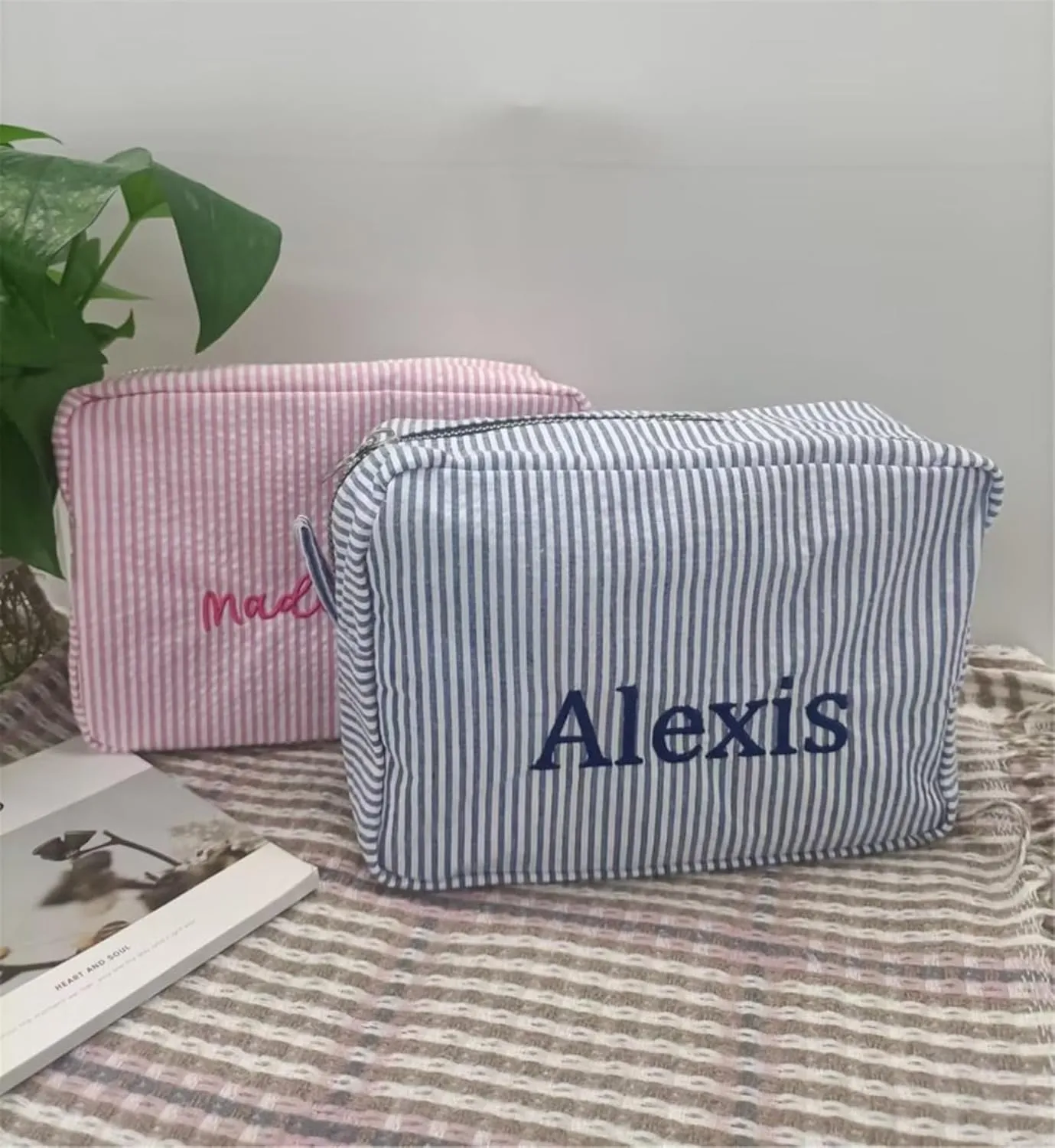 Personalized Seersucker Cosmetic Pouch,Embroidered Makeup Bag,Large Capacity Travel Storage Bag,Monogrammed Toiletry Bag,Gift for Girlfriend (Orange)