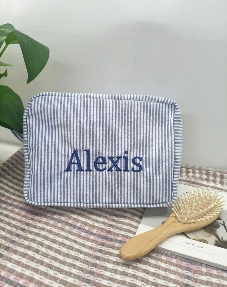 Personalized Seersucker Cosmetic Pouch,Embroidered Makeup Bag,Large Capacity Travel Storage Bag,Monogrammed Toiletry Bag,Gift for Girlfriend (Orange)