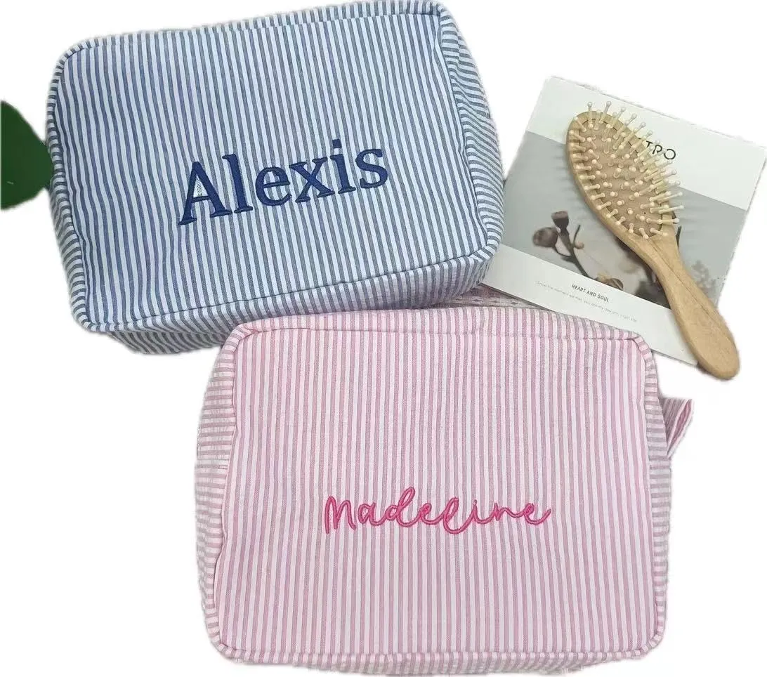 Personalized Seersucker Cosmetic Pouch,Embroidered Makeup Bag,Large Capacity Travel Storage Bag,Monogrammed Toiletry Bag,Gift for Girlfriend (Orange)