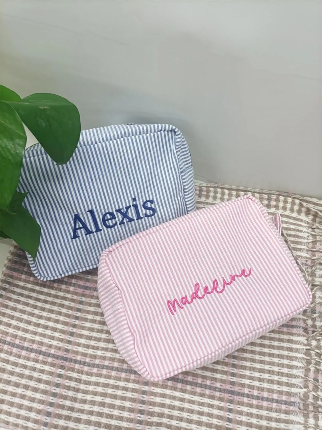 Personalized Seersucker Cosmetic Pouch,Embroidered Makeup Bag,Large Capacity Travel Storage Bag,Monogrammed Toiletry Bag,Gift for Girlfriend (Orange)