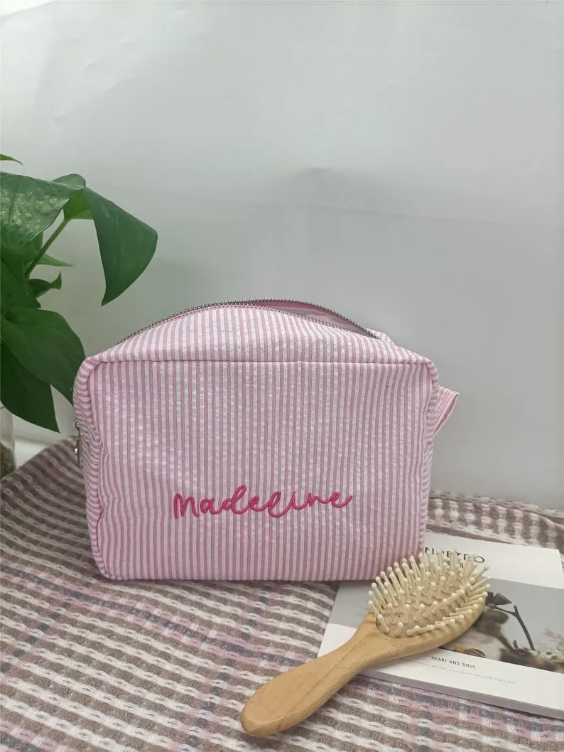 Personalized Seersucker Cosmetic Pouch,Embroidered Makeup Bag,Large Capacity Travel Storage Bag,Monogrammed Toiletry Bag,Gift for Girlfriend (Orange)