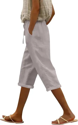 Petite Pants for Women Linen Capri Casual 2025 Summer Drawstring Elastic High Waist Cropped Trousers Plus Size