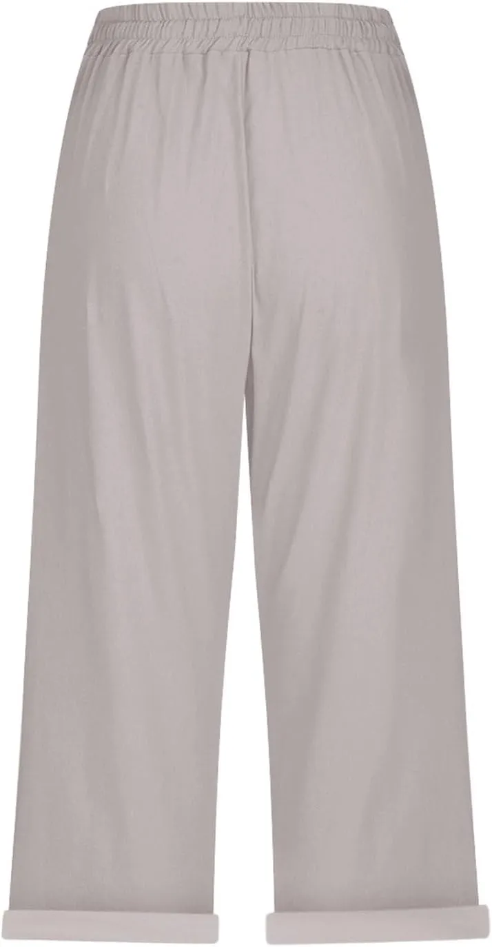Petite Pants for Women Linen Capri Casual 2025 Summer Drawstring Elastic High Waist Cropped Trousers Plus Size