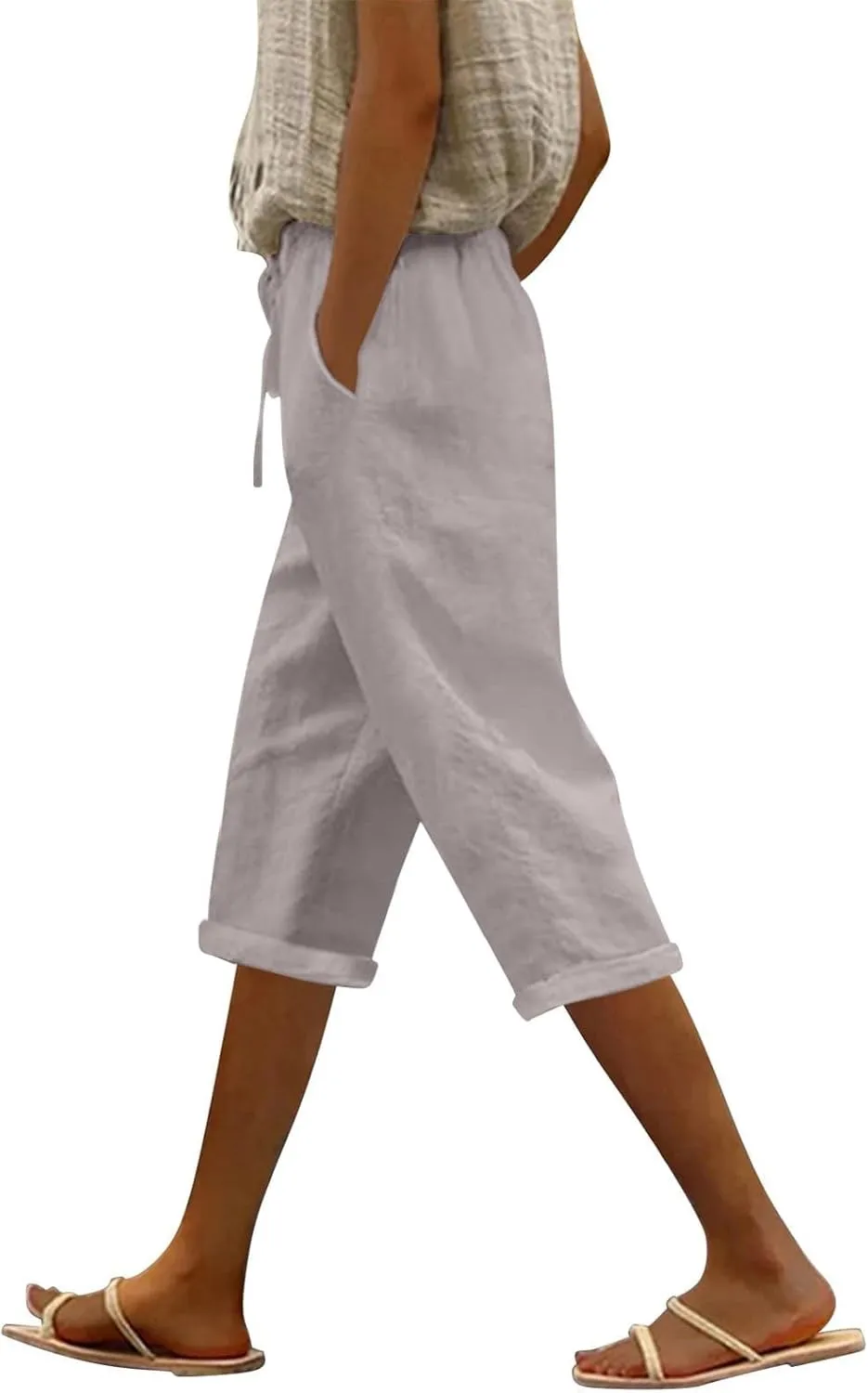 Petite Pants for Women Linen Capri Casual 2025 Summer Drawstring Elastic High Waist Cropped Trousers Plus Size