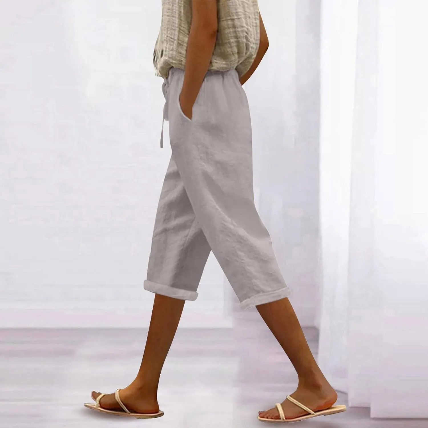 Petite Pants for Women Linen Capri Casual 2025 Summer Drawstring Elastic High Waist Cropped Trousers Plus Size