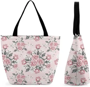 Pink Rose Orchid Lily Flowers Hobo Handbags With Zipper Women's Tote Handbags