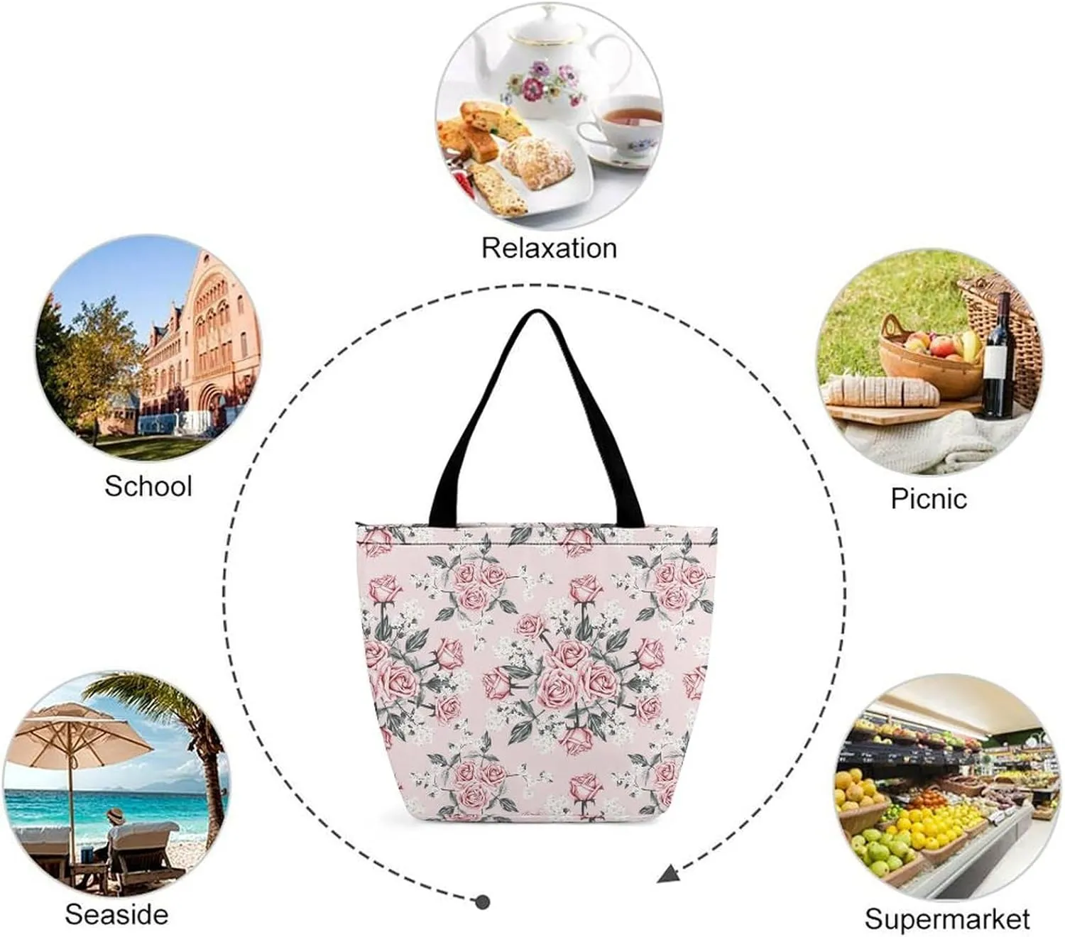 Pink Rose Orchid Lily Flowers Hobo Handbags With Zipper Women's Tote Handbags