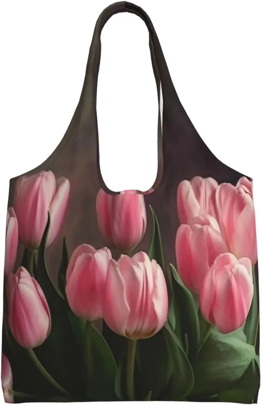Pink Tulips Large Tote Bag For Women, Heavy Duty Foldable Shopping Tote Bag Shoulder Bag For Work Beach Travel