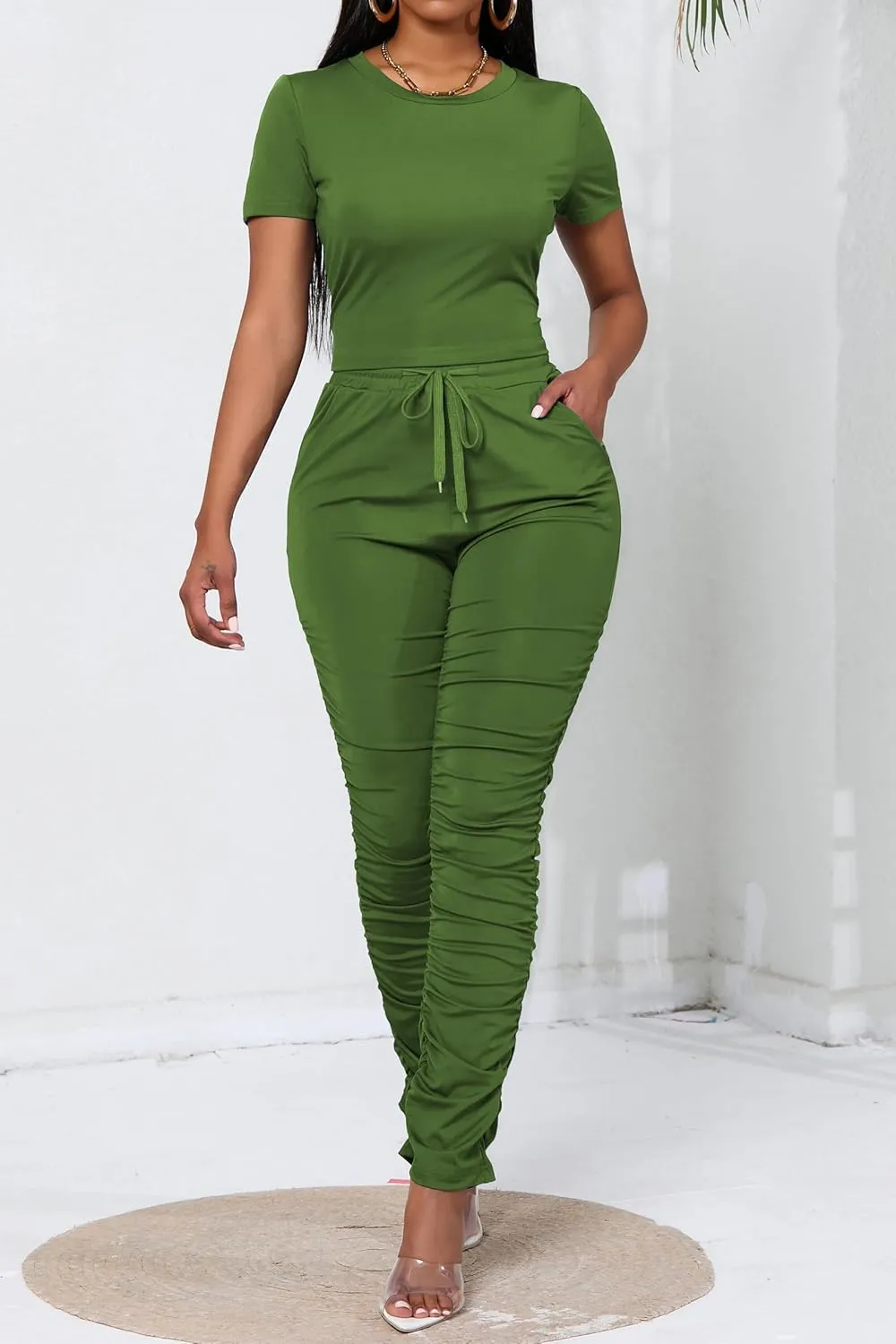 PINSV Women's 2 Piece Outfits Bodycon Lounge Wear Crop Top Stacked Pants Going Out Jogging Tracksuit Sets
