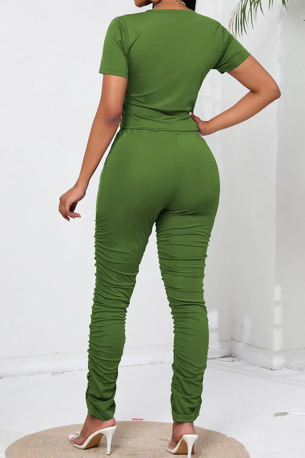 PINSV Women's 2 Piece Outfits Bodycon Lounge Wear Crop Top Stacked Pants Going Out Jogging Tracksuit Sets