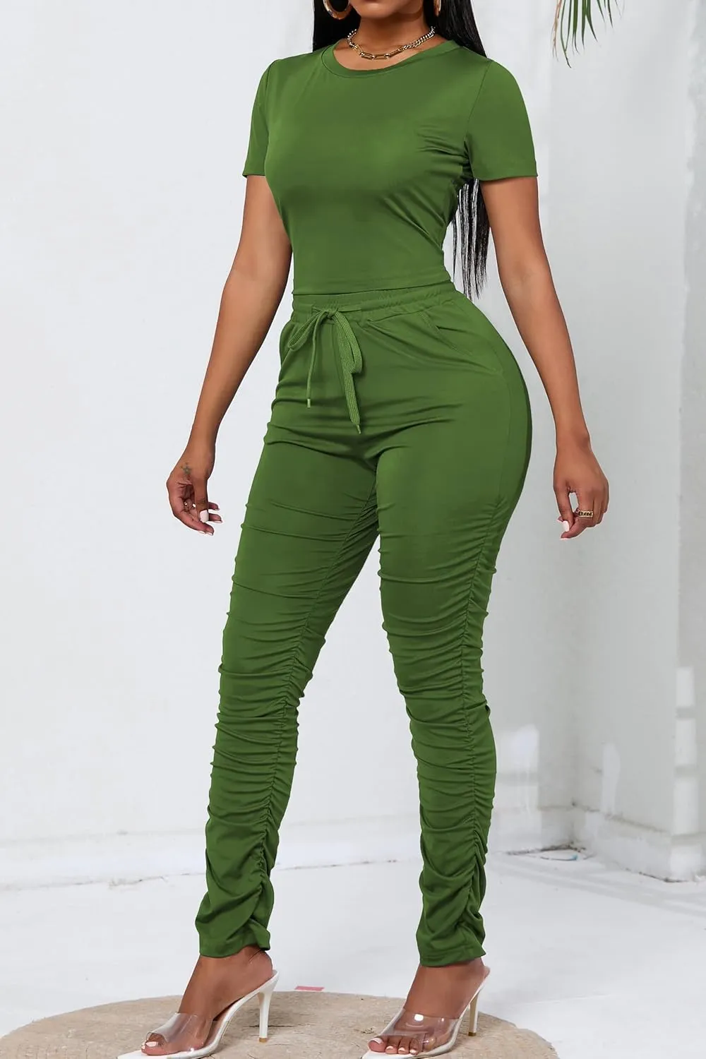 PINSV Women's 2 Piece Outfits Bodycon Lounge Wear Crop Top Stacked Pants Going Out Jogging Tracksuit Sets