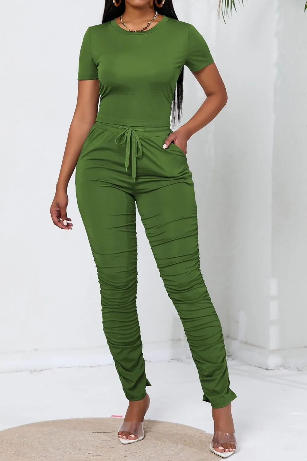 PINSV Women's 2 Piece Outfits Bodycon Lounge Wear Crop Top Stacked Pants Going Out Jogging Tracksuit Sets