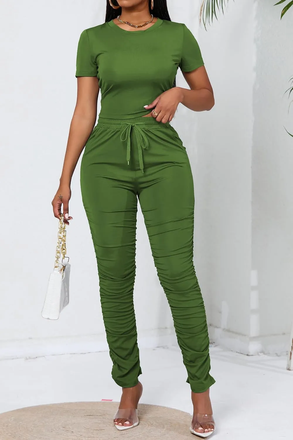 PINSV Women's 2 Piece Outfits Bodycon Lounge Wear Crop Top Stacked Pants Going Out Jogging Tracksuit Sets