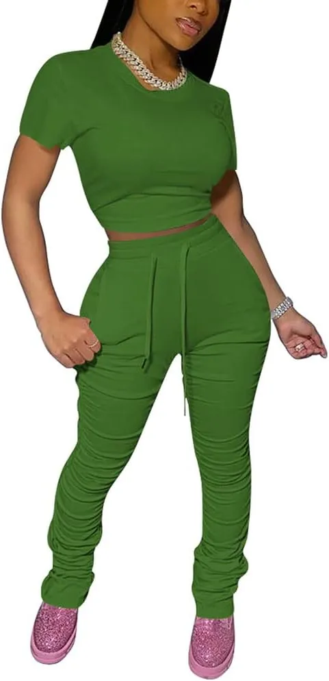 PINSV Women's 2 Piece Outfits Bodycon Lounge Wear Crop Top Stacked Pants Going Out Jogging Tracksuit Sets