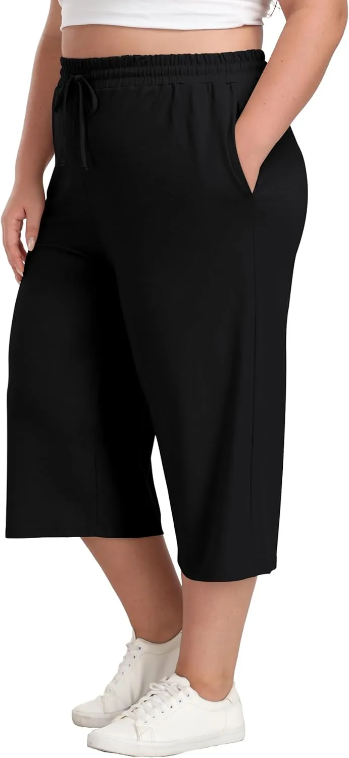 Plus Size Capris for Women Summer Wide Leg Casual Pants Loose Fit Cropped Workout Pants with Pockets Drawstring