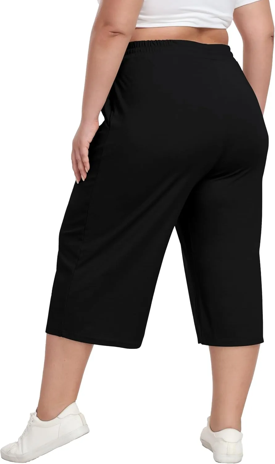 Plus Size Capris for Women Summer Wide Leg Casual Pants Loose Fit Cropped Workout Pants with Pockets Drawstring