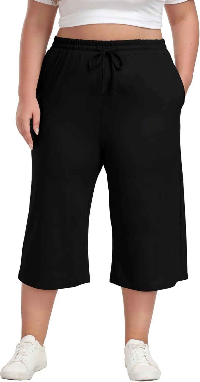 Plus Size Capris for Women Summer Wide Leg Casual Pants Loose Fit Cropped Workout Pants with Pockets Drawstring
