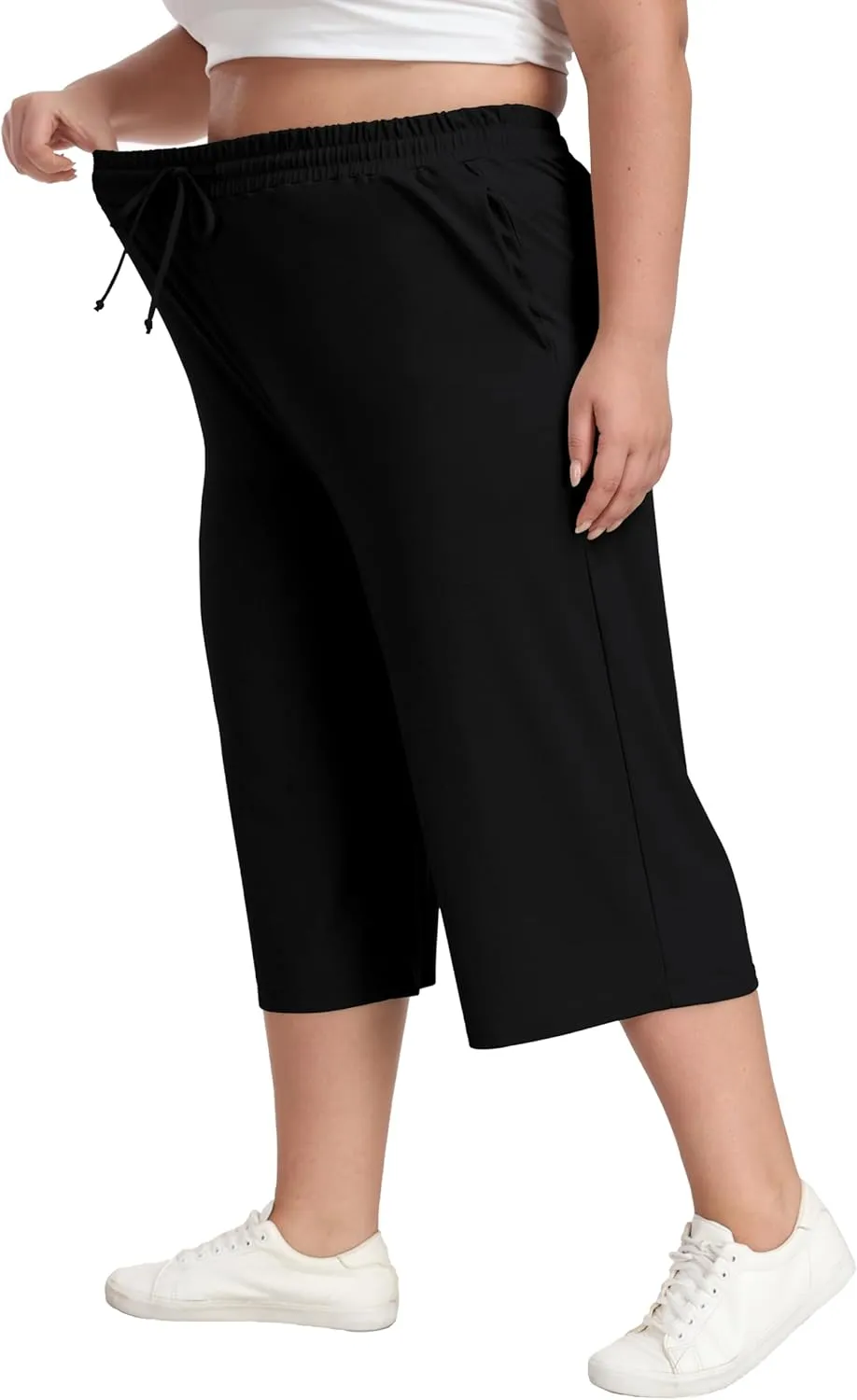 Plus Size Capris for Women Summer Wide Leg Casual Pants Loose Fit Cropped Workout Pants with Pockets Drawstring