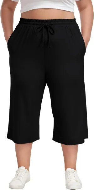 Plus Size Capris for Women Summer Wide Leg Casual Pants Loose Fit Cropped Workout Pants with Pockets Drawstring