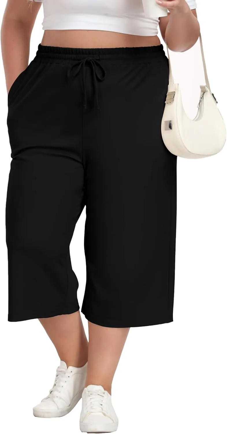 Plus Size Capris for Women Summer Wide Leg Casual Pants Loose Fit Cropped Workout Pants with Pockets Drawstring