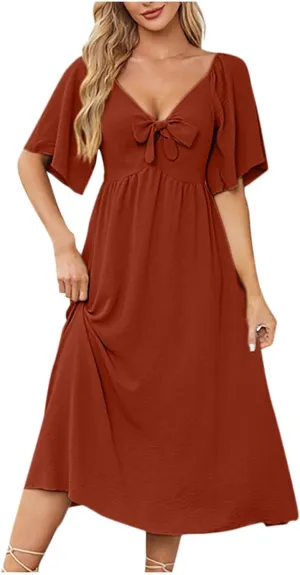 Plus Size Dresses for Curvy Women Summer Casual Deep V Neck Elegant Bow Tie Ruffle Sleeves Flowy A-Line Midi Dress