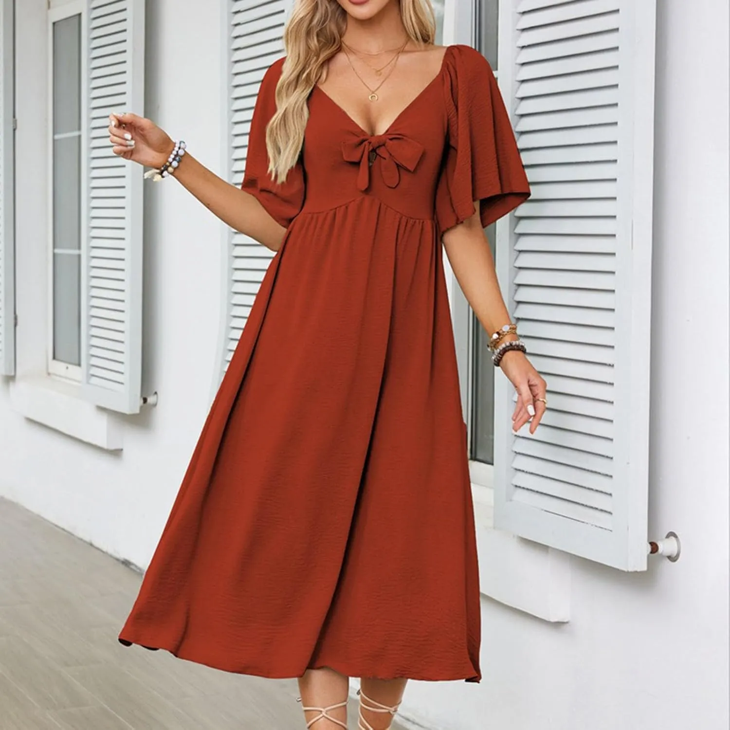 Plus Size Dresses for Curvy Women Summer Casual Deep V Neck Elegant Bow Tie Ruffle Sleeves Flowy A-Line Midi Dress