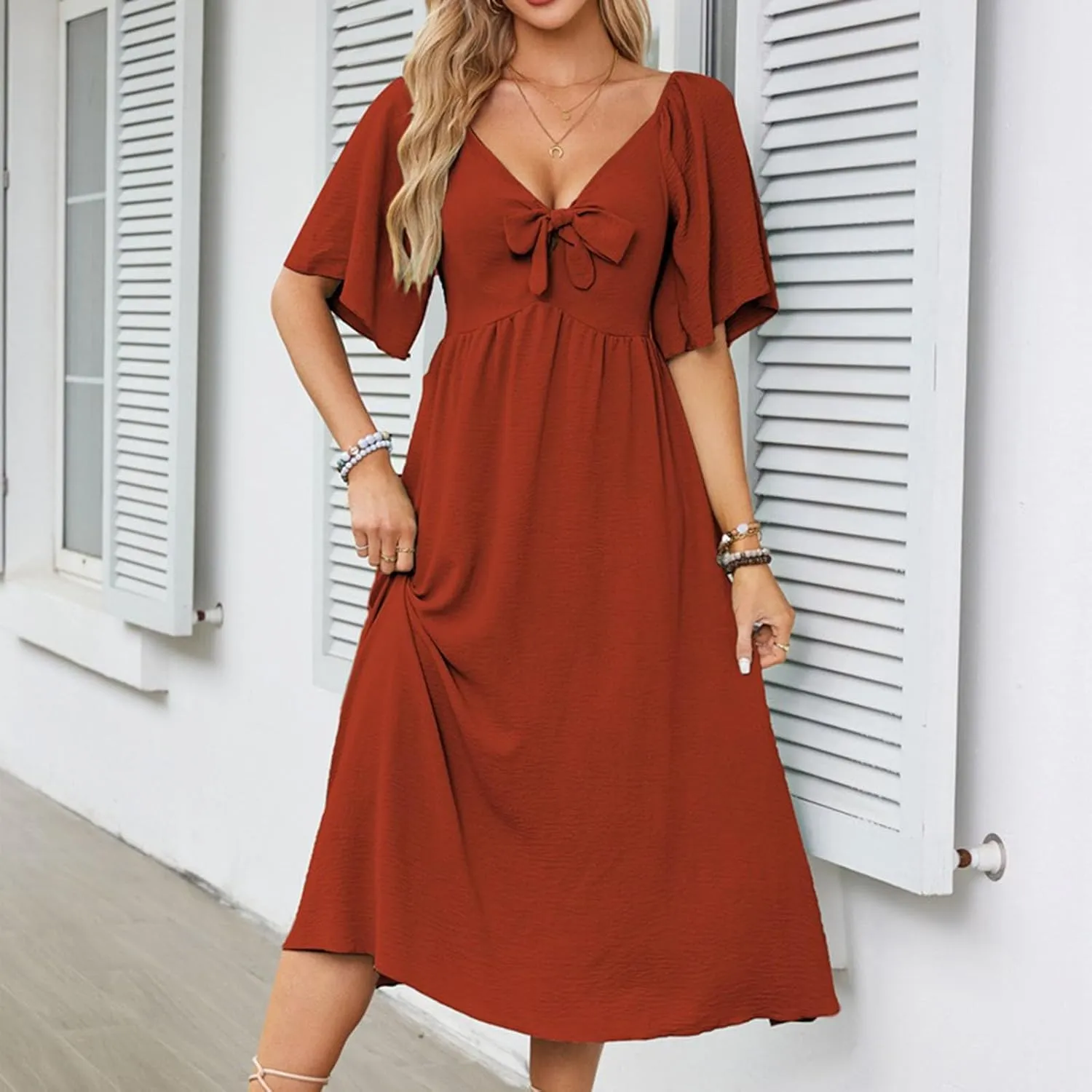 Plus Size Dresses for Curvy Women Summer Casual Deep V Neck Elegant Bow Tie Ruffle Sleeves Flowy A-Line Midi Dress