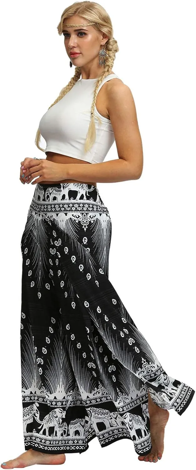 PNKJ Womens Slit Wide Leg Pants-Casual Hippie Bohemian Pilate Beach Boho Baggy Yoga Pants