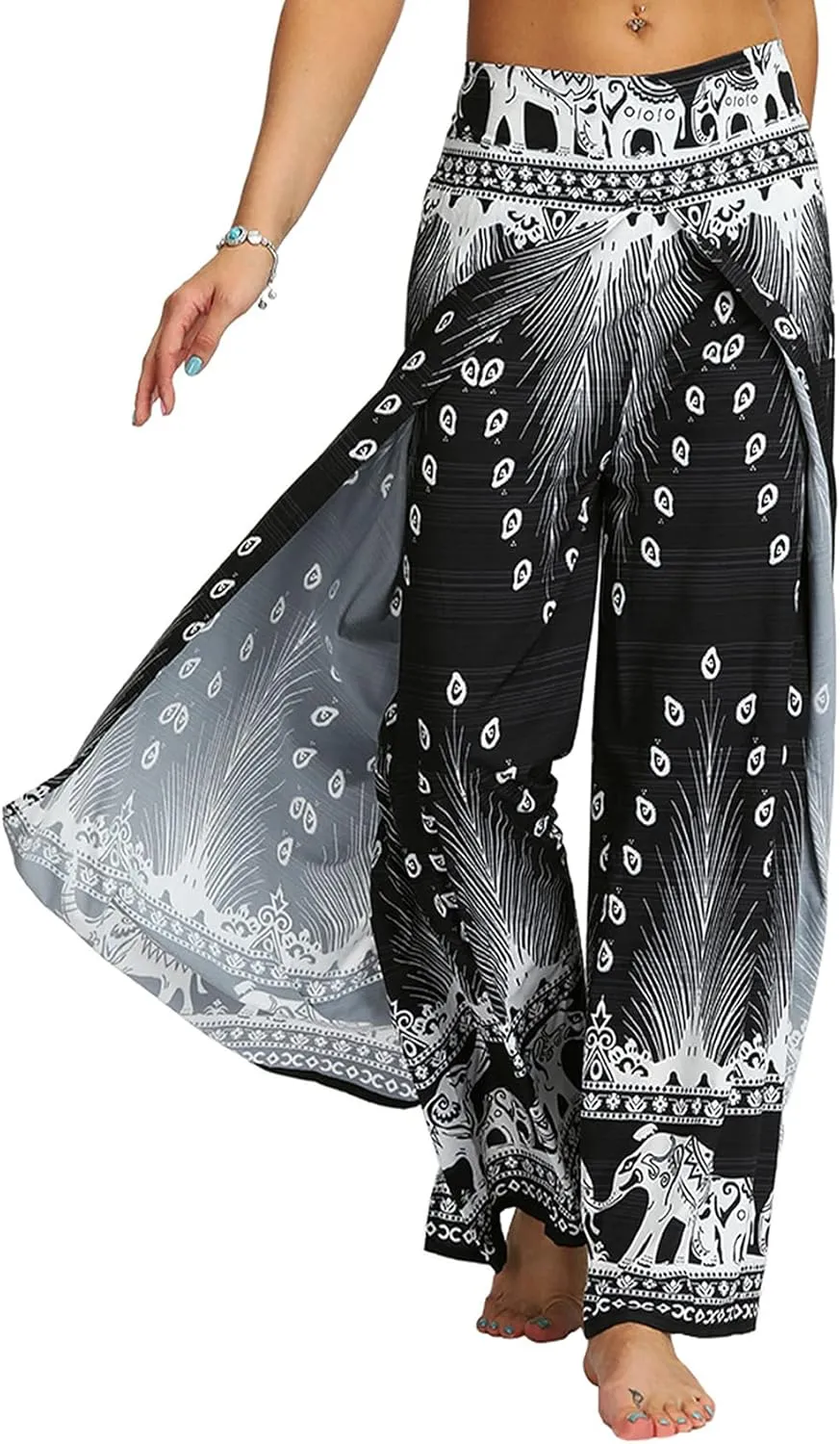 PNKJ Womens Slit Wide Leg Pants-Casual Hippie Bohemian Pilate Beach Boho Baggy Yoga Pants