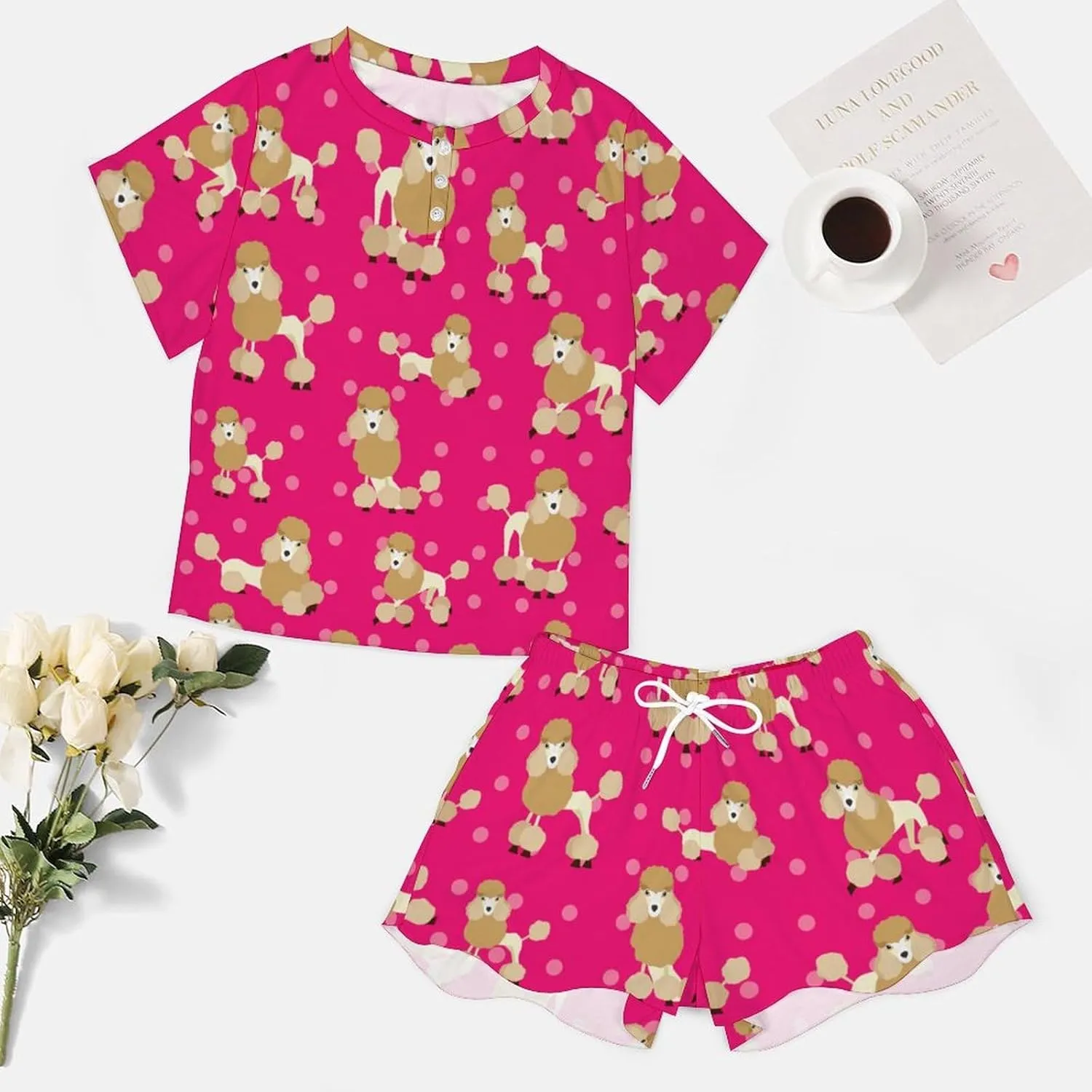 Poodle Dog Womens Pajamas Set Loungewear Short Sleeve Sleepwear PJ