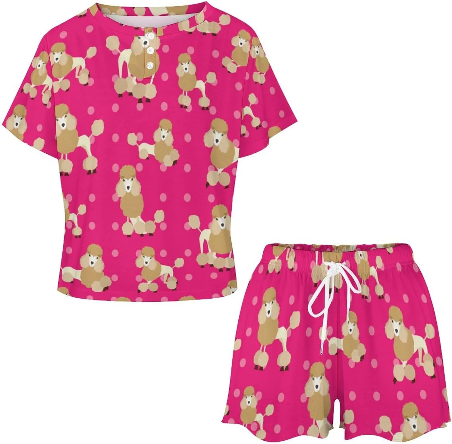Poodle Dog Womens Pajamas Set Loungewear Short Sleeve Sleepwear PJ