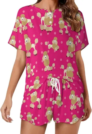 Poodle Dog Womens Pajamas Set Loungewear Short Sleeve Sleepwear PJ