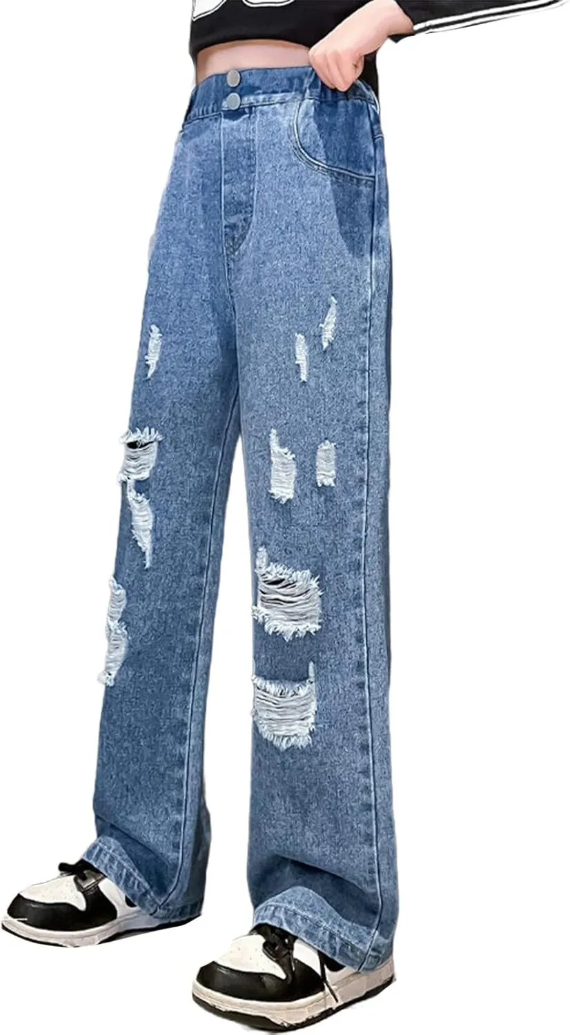 Preschool Girls Pants Kids Girls Ripped Distressed Washed Baggy Wide Leg Casual Jeans Size 5 16 5t Sweatpants Girls