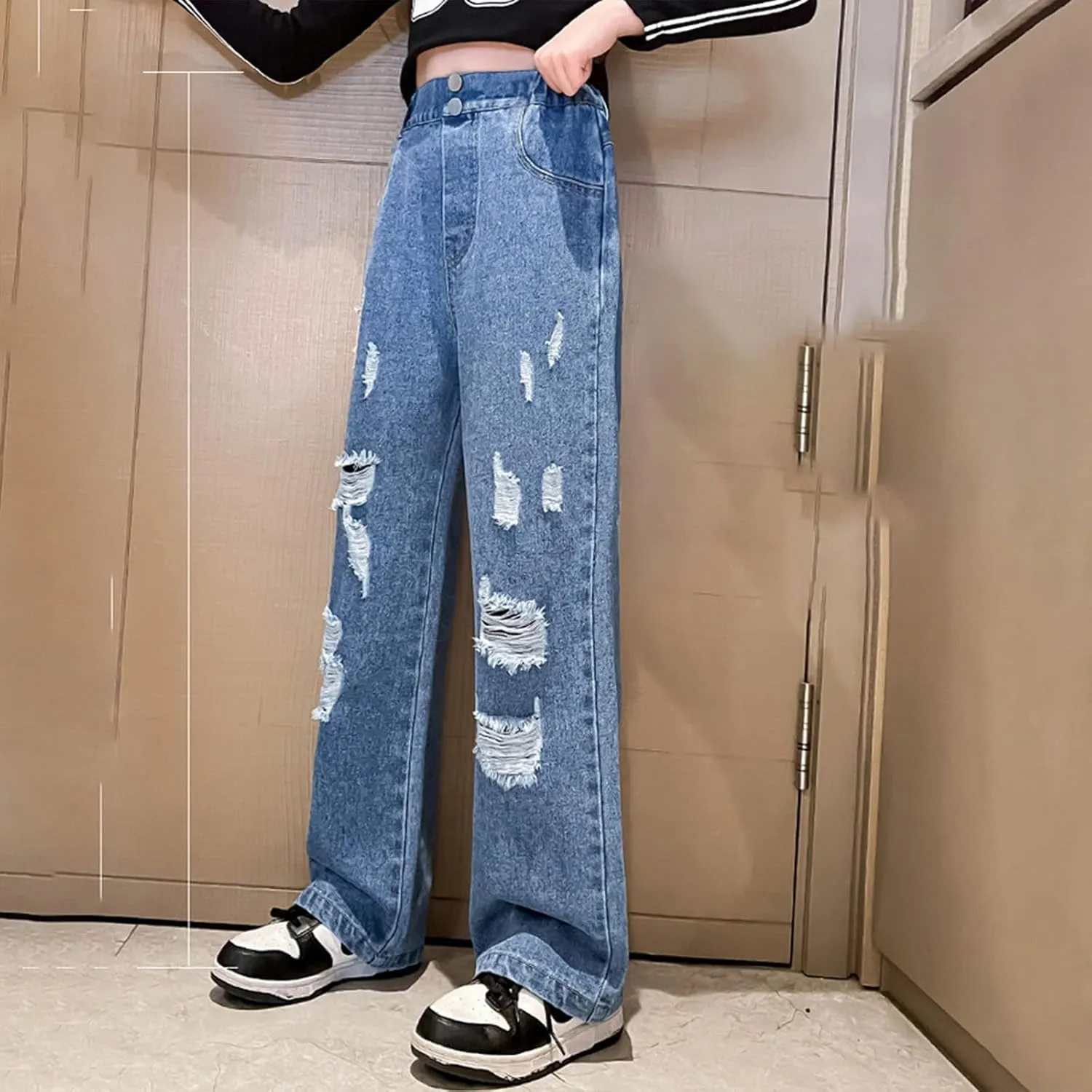 Preschool Girls Pants Kids Girls Ripped Distressed Washed Baggy Wide Leg Casual Jeans Size 5 16 5t Sweatpants Girls