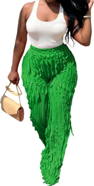 PRIVIMIX Women High Waist Sexy See Through Ruffle Wide Leg Palazzo Pants Stretchy Tassel Long Sheer Mesh Trousers