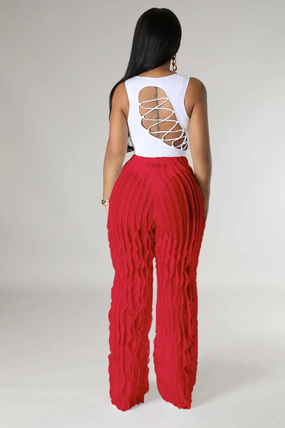 PRIVIMIX Women High Waist Sexy See Through Ruffle Wide Leg Palazzo Pants Stretchy Tassel Long Sheer Mesh Trousers
