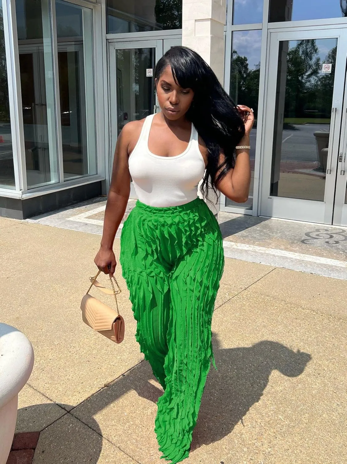 PRIVIMIX Women High Waist Sexy See Through Ruffle Wide Leg Palazzo Pants Stretchy Tassel Long Sheer Mesh Trousers