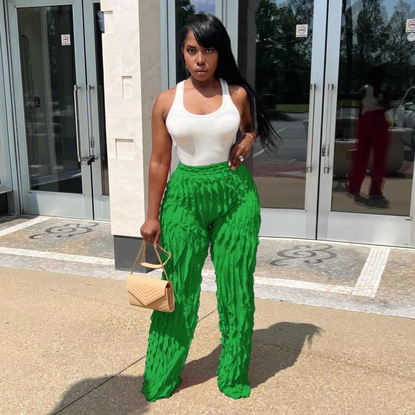 PRIVIMIX Women High Waist Sexy See Through Ruffle Wide Leg Palazzo Pants Stretchy Tassel Long Sheer Mesh Trousers