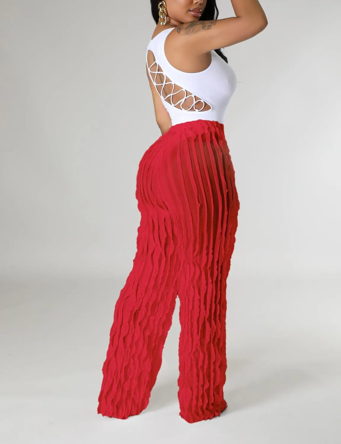 PRIVIMIX Women High Waist Sexy See Through Ruffle Wide Leg Palazzo Pants Stretchy Tassel Long Sheer Mesh Trousers
