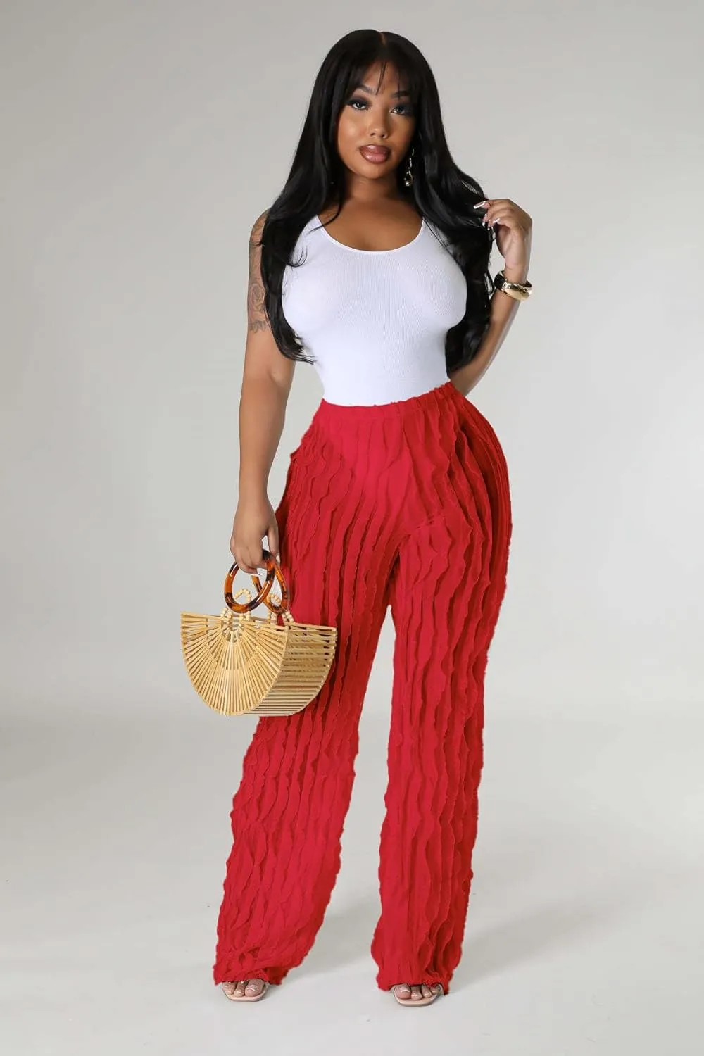 PRIVIMIX Women High Waist Sexy See Through Ruffle Wide Leg Palazzo Pants Stretchy Tassel Long Sheer Mesh Trousers