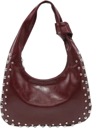 QWINEE Women's Studded Hobo Purses PU Leather Designer Shoulder Handbags Zipper Knot Bag