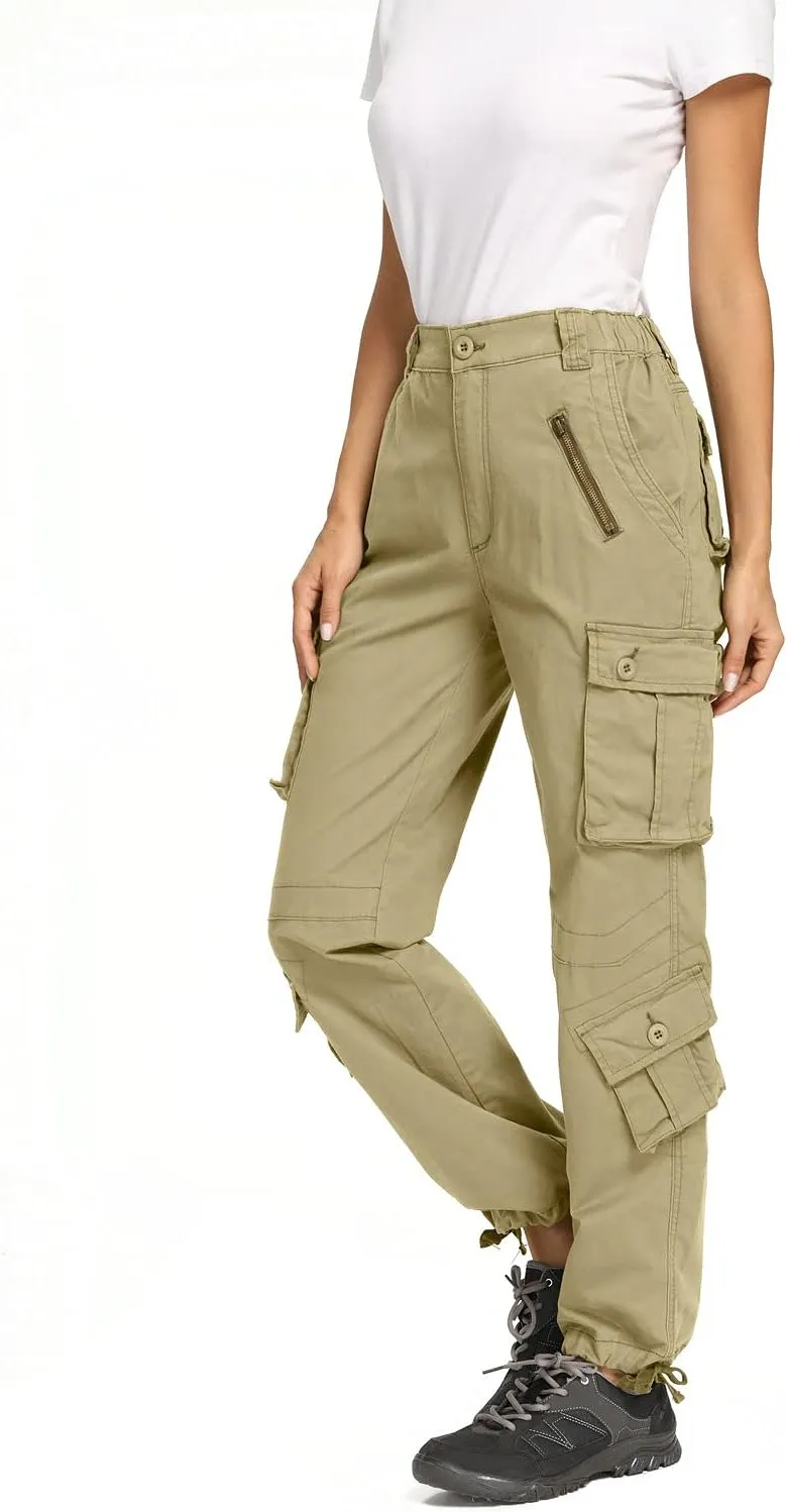 Raroauf Women's Causal Cotton Cargo Pants Military Combat Workwear Capri Pants with 8 Pockets