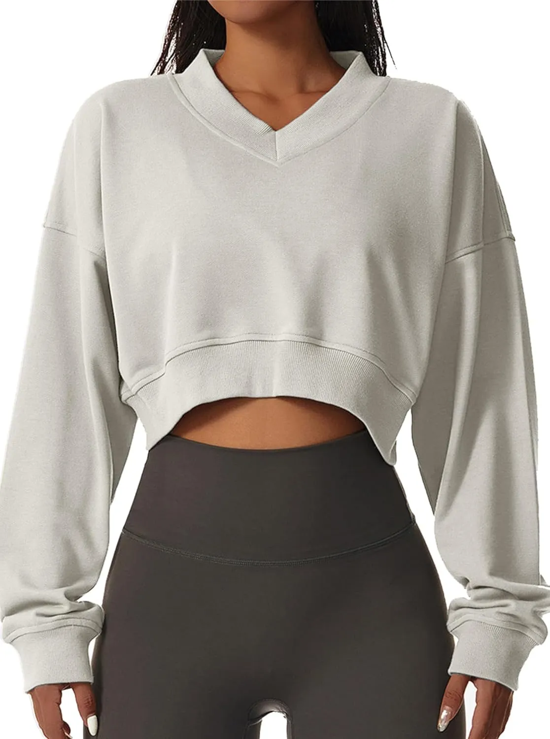 Remidoo Women's V Neck Cropped Sweatshirt Long Sleeve Loose Fit Drop Shoulder Pullover Top