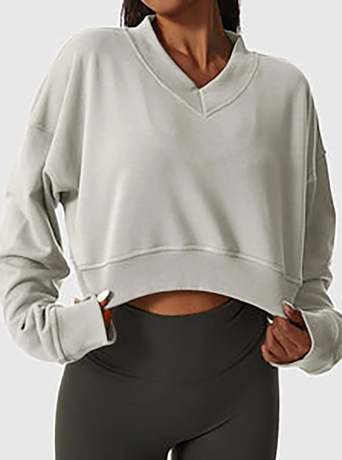 Remidoo Women's V Neck Cropped Sweatshirt Long Sleeve Loose Fit Drop Shoulder Pullover Top