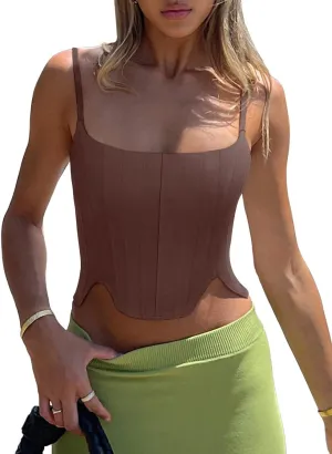 REORIA Women's Sexy Square Neck Trendy Sleeveless Adjustable Spaghetti Strap Corset Tank Crop Tops