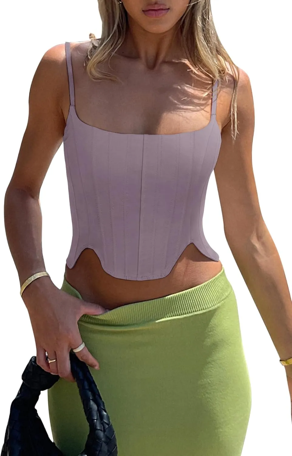 REORIA Women's Sexy Square Neck Trendy Sleeveless Adjustable Spaghetti Strap Corset Tank Crop Tops