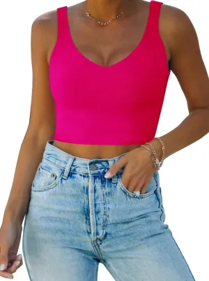 REORIA Women's Summer Casual V Neck Sleeveless Double Lined Basic Crop Tank Tops